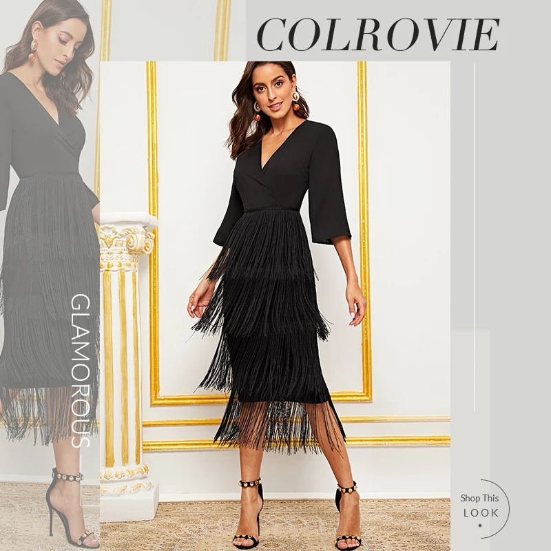 COLROVIE Black Surplice Neck Layered Fringe Trim Pencil Dress Women V neck Long Dress Summer Glamorous Solid Dresses