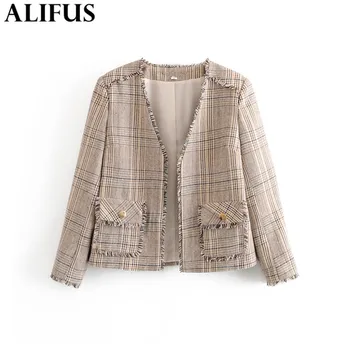 

Fashion Za Women Vintage 2019 Autumn Winter Plaid Suit Coat Cardigan Long Sleeve V-neck Loose Warm Jacket Female Ladies