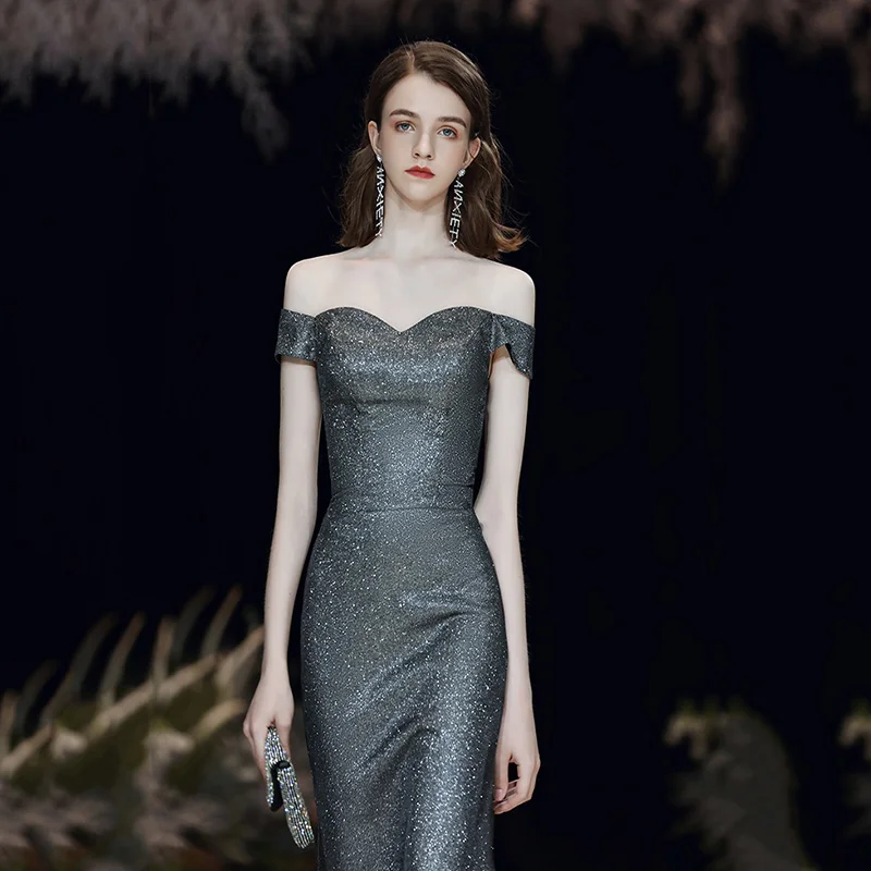 Элегантное тонкое шикарное серое вечернее платье Cheongsam сексуальное женское платье с открытыми плечами длинное мягкое вечернее платье