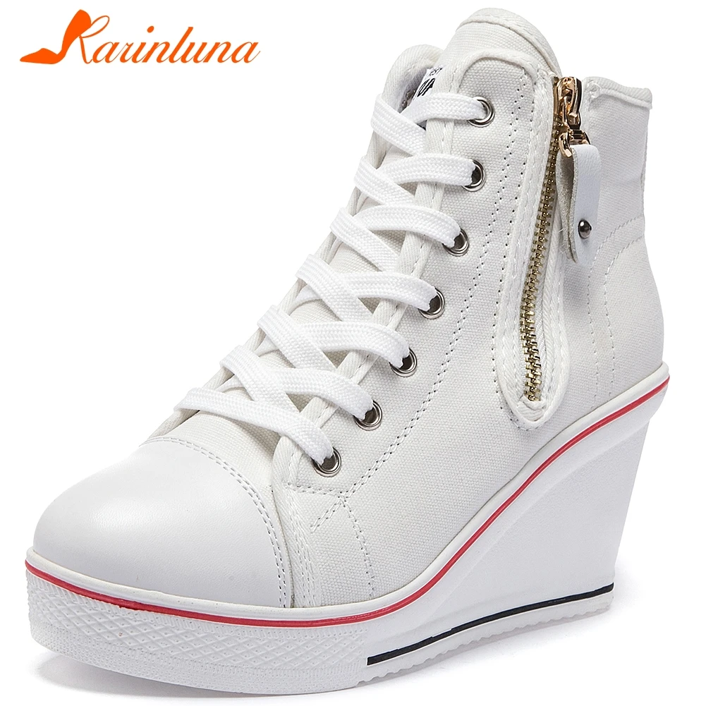 

Karinluna New Arrivals 2020 Canvas Shoes Woman Vulcanize Lace Up Wedge High Heels Spring/Autumn Vulcanize Women Shoes