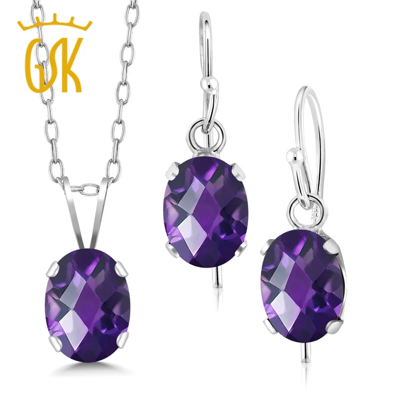 GemStoneKing 2.25 Ct Oval Checkerboard Natural Purple Amethyst Jewelry Set 925 Sterling Silver Pendant Earrings For Women | Украшения и