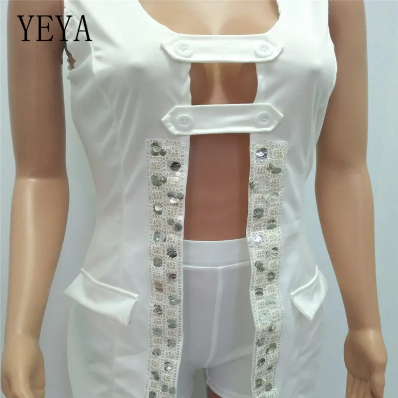 YEYA/модные пикантные летние однотонные комплекты из двух предметов с пайетками без рукавов, пикантные Лоскутные короткие костюмы с блестками