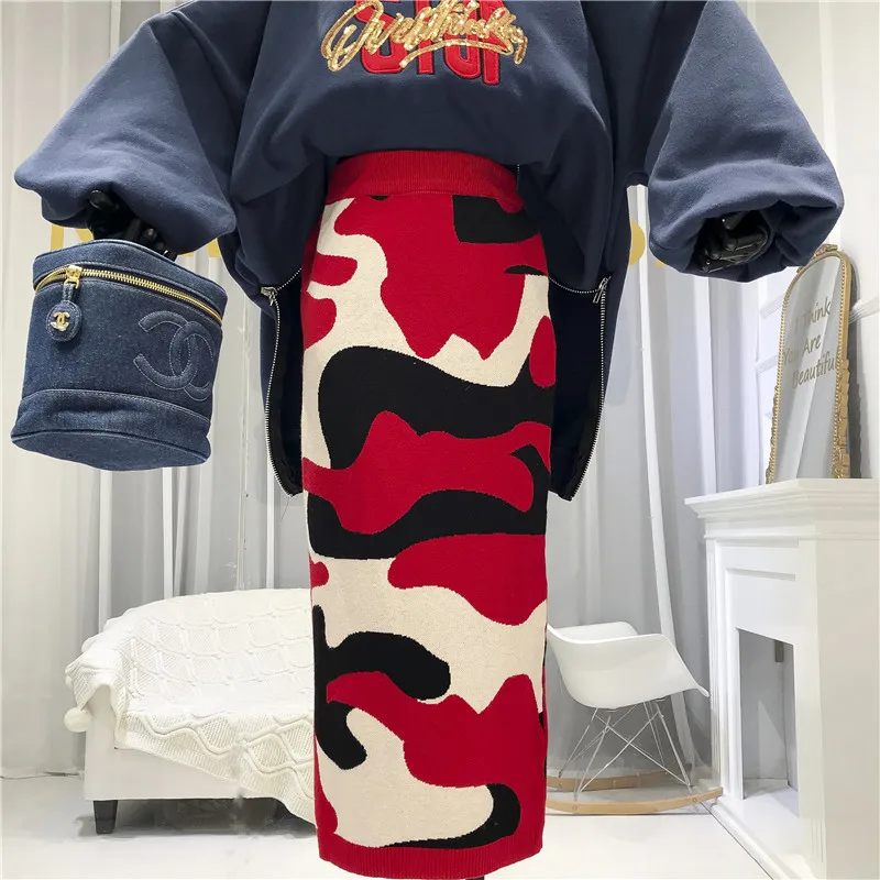 Осенняя и зимняя новая камуфляжная трикотажная юбка с высокой талией, женские Модные Узкие прямые юбки длиной до щиколотки