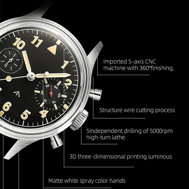 Chronograph Mechanical  ST1901 Watch MERKUR First Colabs Product Flieger Watch Vintage Pilot Big Eye Watches 39mm