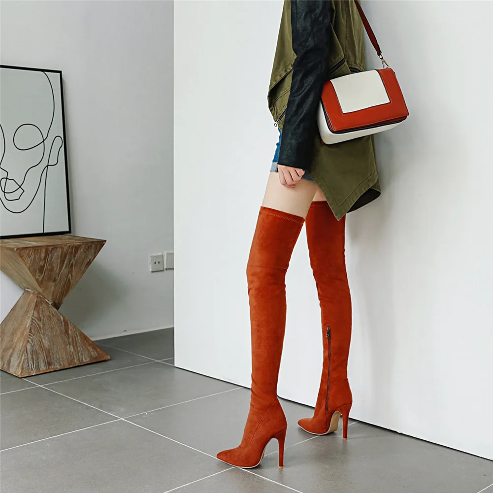Sarairis Large Size 32-48 Brand Thigh High Boots Flock Pointed Toe Shoes Woman Sexy Thin High Heels Over The Knee Boots Women