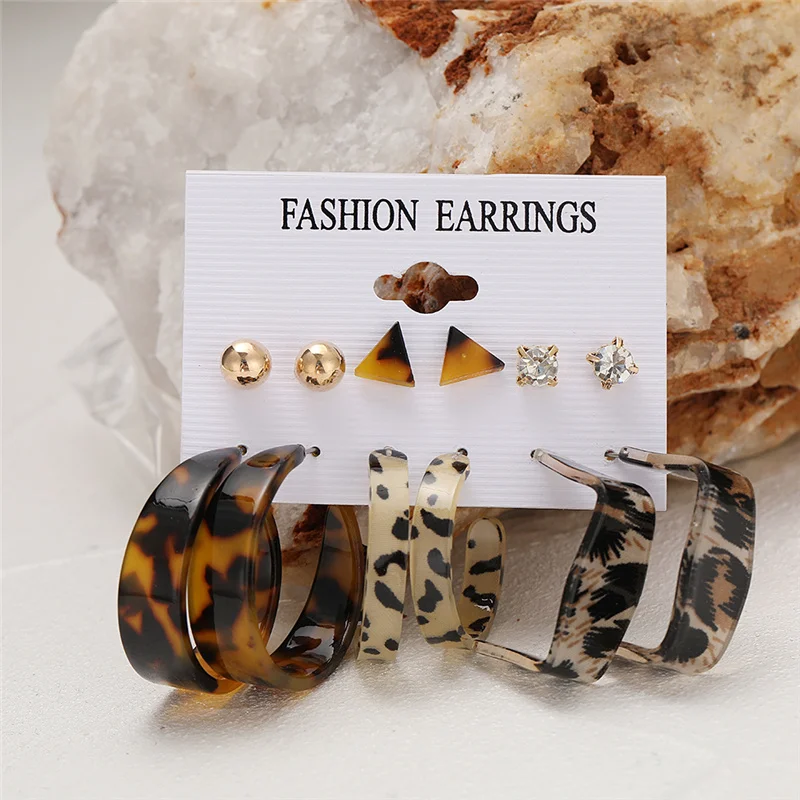 Bohemian Fashion Acrylic Leopard Round Circle Hoop Earrings Set For Women Gold Color Butterfly Pearls Drop Earrings Set Jewelry