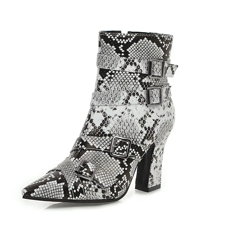 

Women Pointed Toe Buckle Boots Fashion Snake Sqaure High Heel Ankle Boots Autumn Winter Zipper Boots 2019 New Style Ladies Shoes