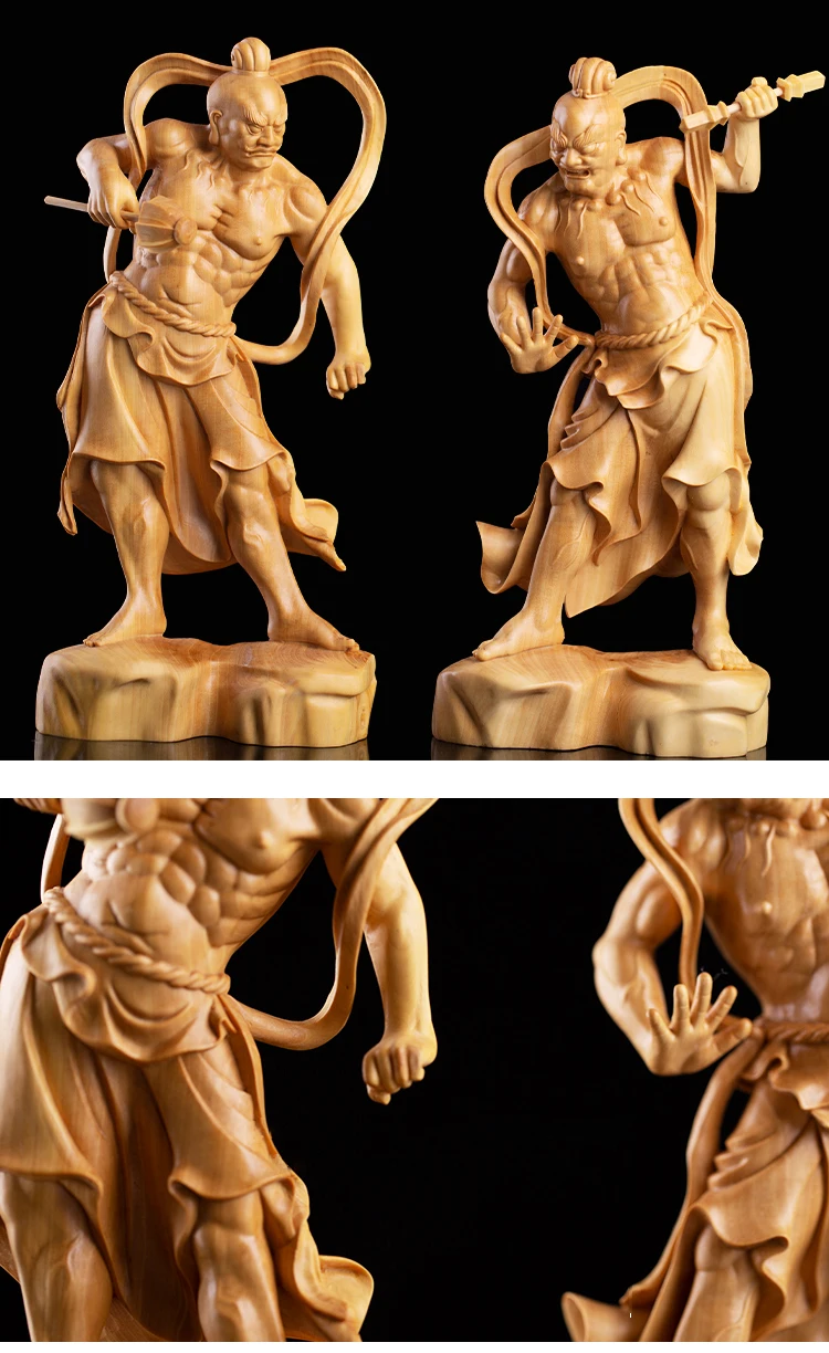 2PCS 20cm Door God Wood Buddha Statue Chinese Heng Ha Two God Boxwood Feng Shui Wood Sculpture Home Decor