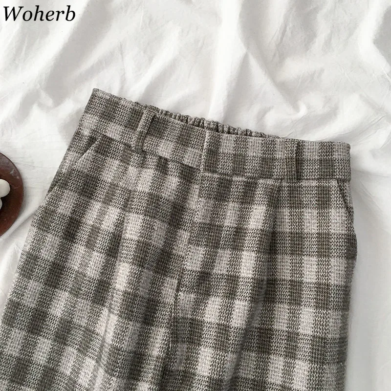 Woherb осень зима новые клетчатые брюки с высокой талией Прямые винтажные брюки женские повседневные модные широкие брюки корейский стиль 91274