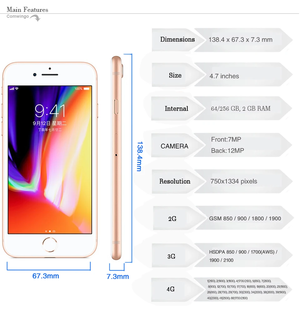 Apple iphone 8, iphone 8 plus, 2 Гб ОЗУ, 64 ГБ/256 ГБ, шестиядерный процессор, IOS, 3D Touch ID, LTE, 4,7 МП камера, дюймов, Apple, отпечаток пальца