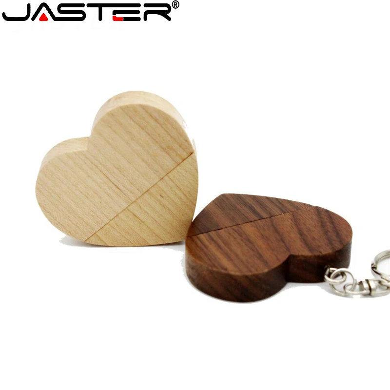 JASTER free logo wooden Heart-shaped gift+metal box USB Flash Drive 2.0 64GB 32GB 16GB 8GB U Disk photography wedding gifts jump drive
