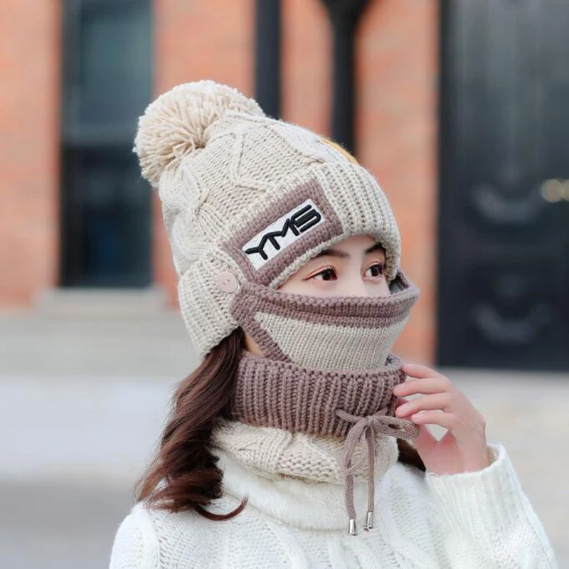 Women's Winter Scarf Hat Sets Hats Knitted Face Protection Mask 3 Pieces Set Balaclava Skullies Beanies Ski Beanie Warm Thick - Цвет: beige