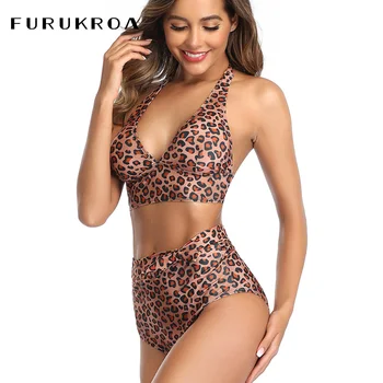 

New Leopard Print High Waist Sexy Swimsuit Bandage Hanging Neck Bikini Beach Split Swimming Bikini Summer Bathing Suit X241B