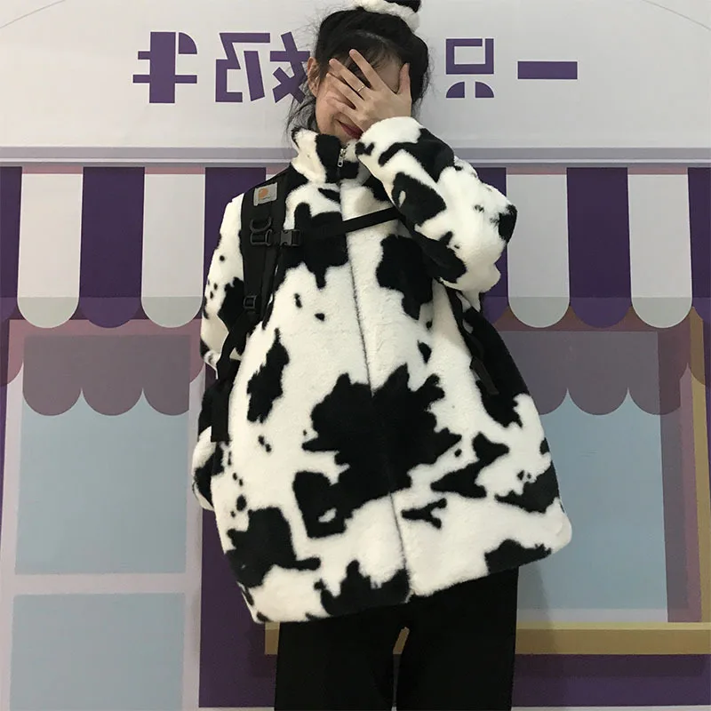 Women's Coats Winter Black White Cow Loose Female Imitate Mink-like Plush Coats Lady Trendy Jackets soft fleece college Outwear