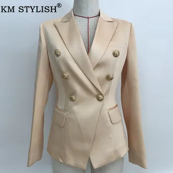 

Female Champagne Blazer Office Formal Satin Jacket Women Gold Double Breasted Buttons Blazer Mujer Plus Big size S-XXL Suit