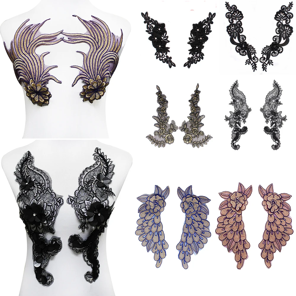 5pair Black Venise Venice Lace Applique Embroidery Floral Motif Venice