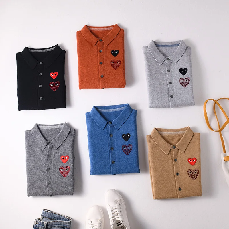 Кардиган CDG Lover, Осень-зима, кашемировый вязаный кардиган с отворотом для мужчин и wo, Мужская свободная синяя рубашка для влюбленных