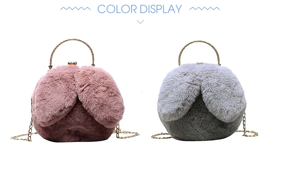 Kawaii Women Round Bag Faxu Fur Rabbit Ears Plush Women's Circular Crossbody Shoulder Bags Ladies Purse Female Chain Bag Handbag