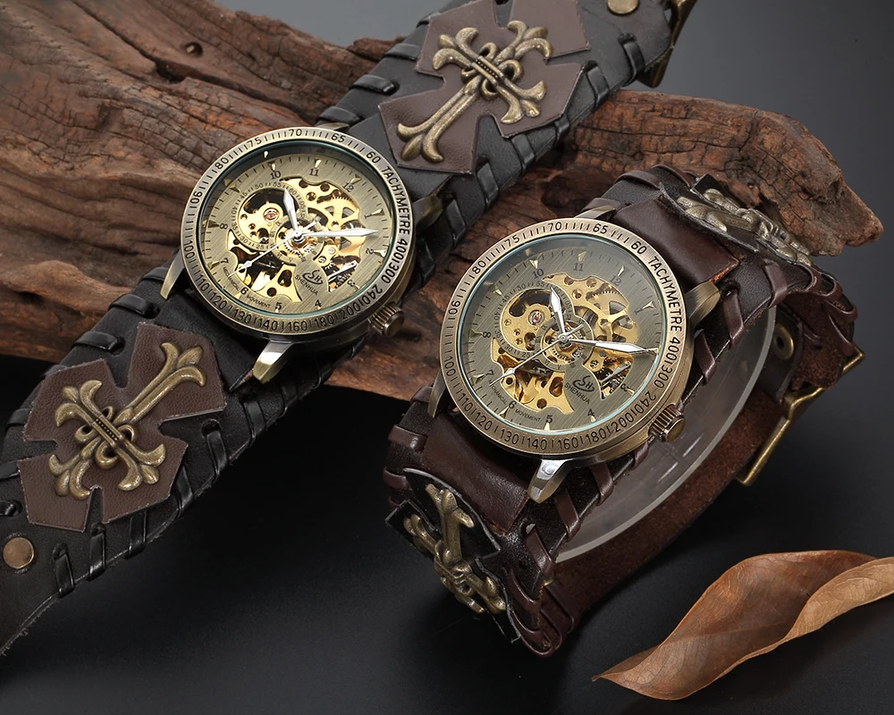 Shenhua Relógio Gótico do Vintage Marrom Rock Steampunk Esqueleto Tourbillon Masculino Mecânico Automático Relógio Luminoso Aço Inoxidável - Image 6