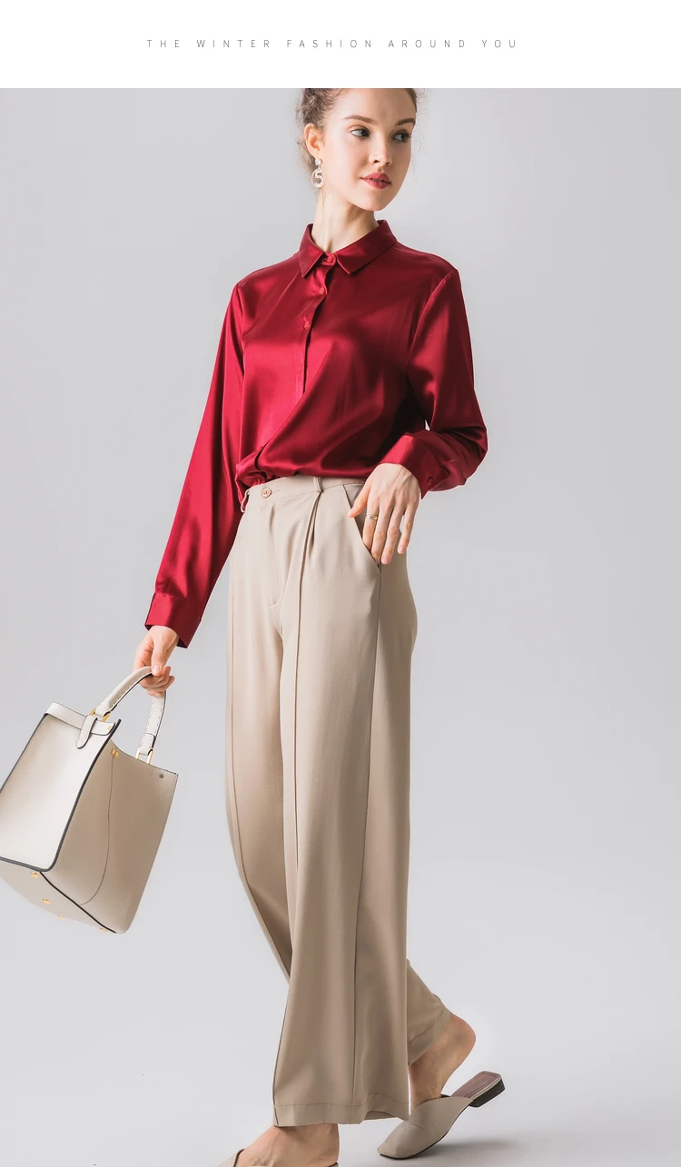 Летняя качественная шелковая рубашка багровая шелковая креповая атласная Женская блузка с длинными рукавами больших размеров M L XL