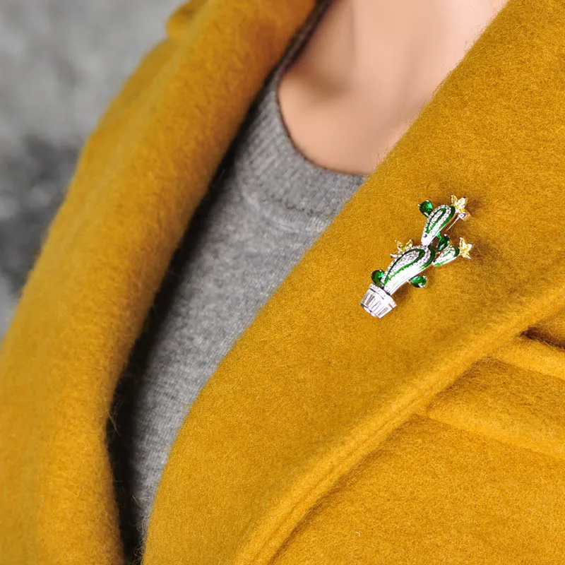Funmor Cactus Shape Plant Flower Brooches For Women Men Cubic Zircon Wedding Party Jewelry Hijab Pins Clothes Suit Accessories