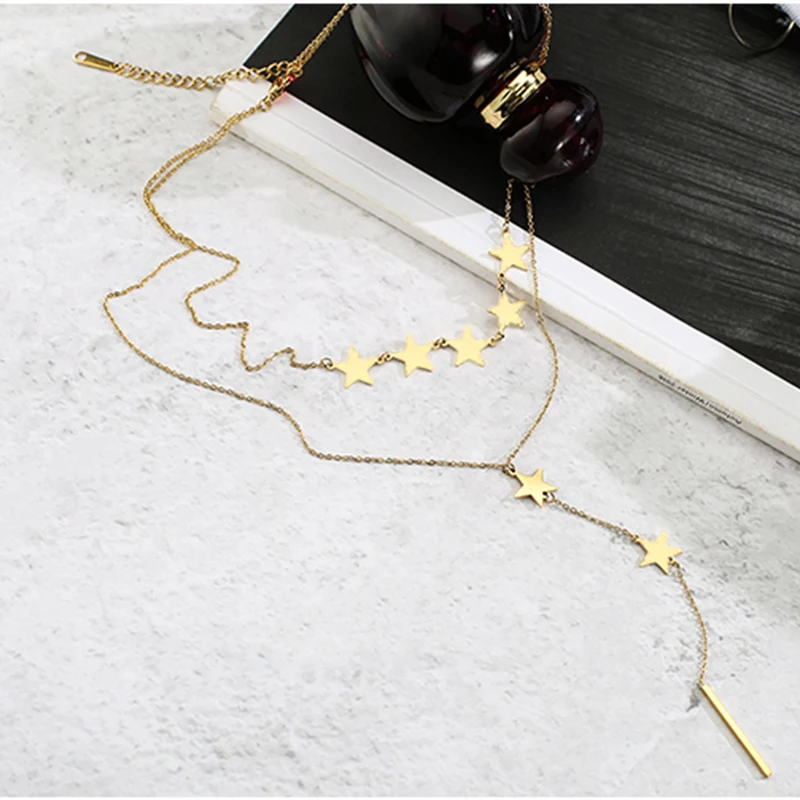 New Multilayer Long Pendant Stainless Steel Endant Women Gold Silver Color Beads Moon Star Horn Crescent Chain Choker Necklaces - Image 4