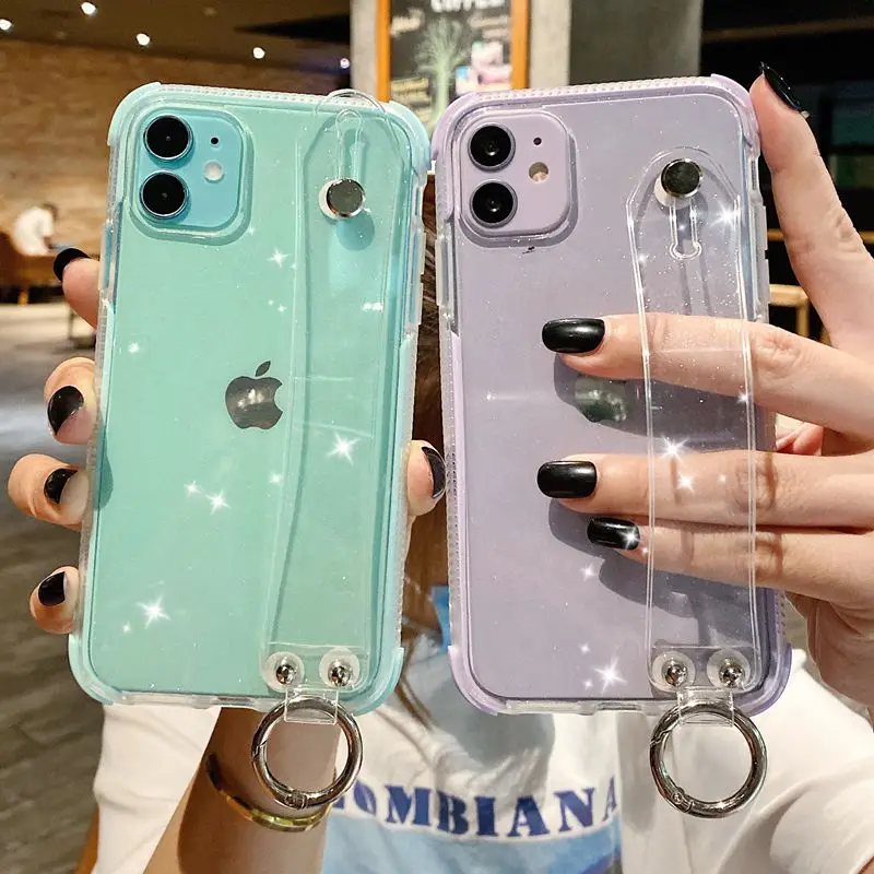 Luxury Transparent Wrist Strap Phone Case For iPhone 11 12 mini Pro Max X XR XS 7 8 Plus SE 2020 Kickstand Cover | Мобильные
