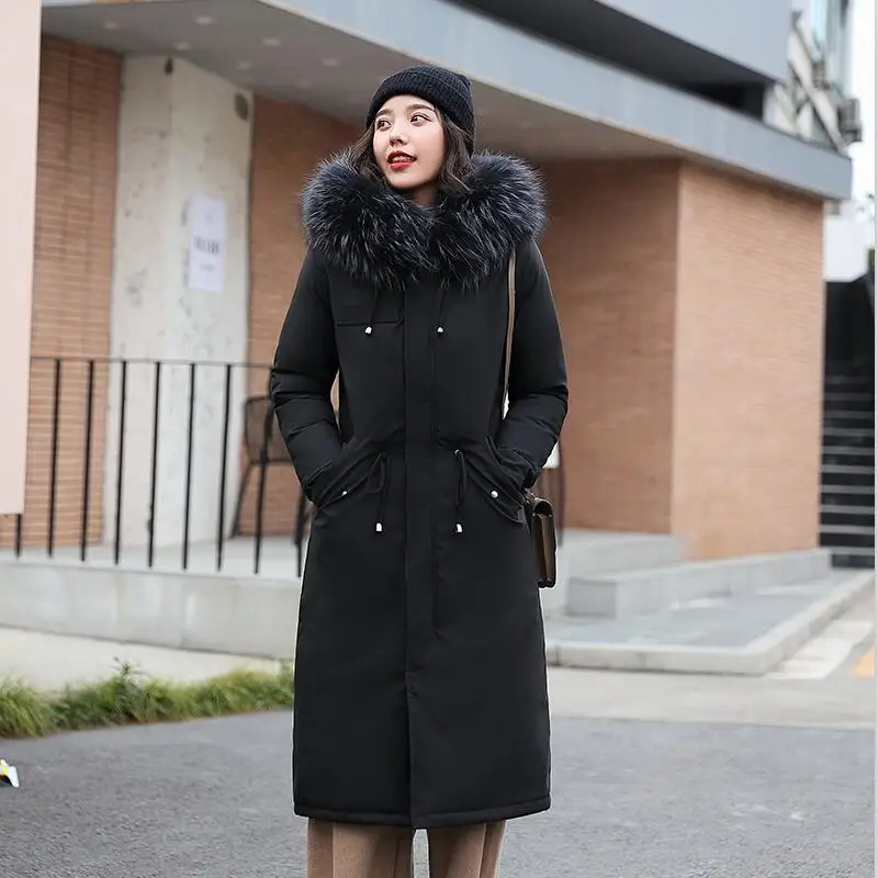 Новинка, женская зимняя куртка большого размера, зимняя куртка, Женская парка, шерстяная подкладка, длинная, тонкая, утолщенная, теплая, меховая куртка, Женская куртка - Цвет: Black