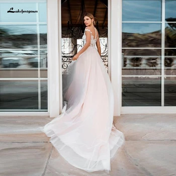 

Bohemian Blush Pink Wedding Dress A Line 2020 Robe Chic Bridal Dresses Vestidos Simple Tulle Wasit Beads Beach Wedding Gowns