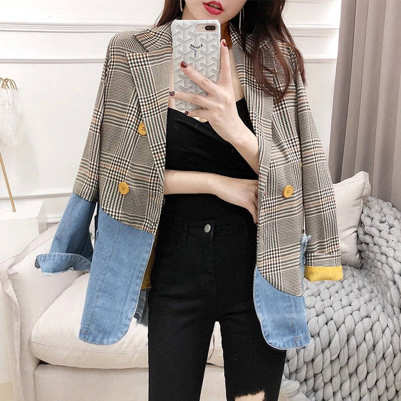 

[LANMREM] 2019 Autumn And Winter New Products Fashion Retro Denim Stitching Plaid Long Sleeve Suit Jacket Female PA742