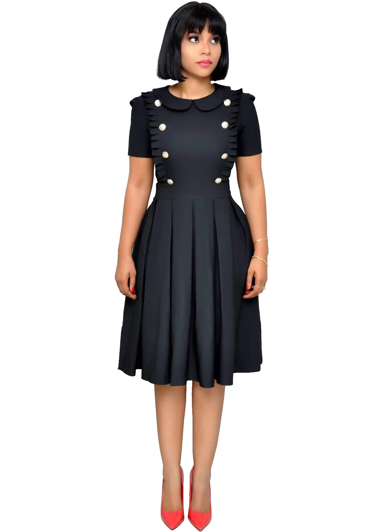 

Plus Size Women's Lotus Leaf Collar OL Wind Short Sleeve Dress Polyester Solid Mid Waist Zip Pleated Knee-Length Elegant Dress
