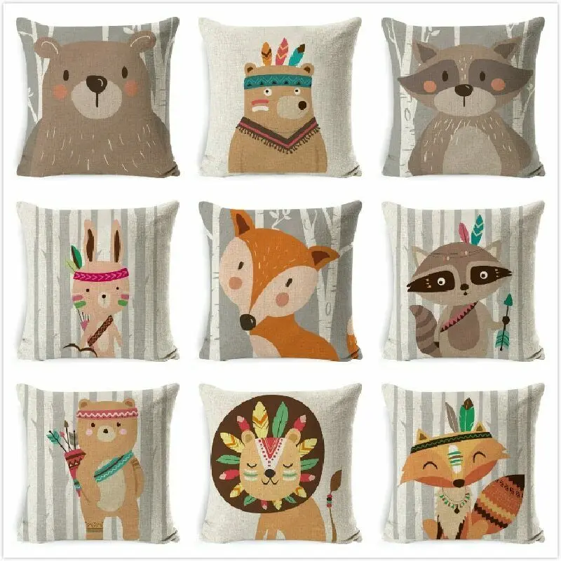 

Tribe Woodland Animal Cushion Cover Bear Fox Print Linen Pillow Case Decorative
