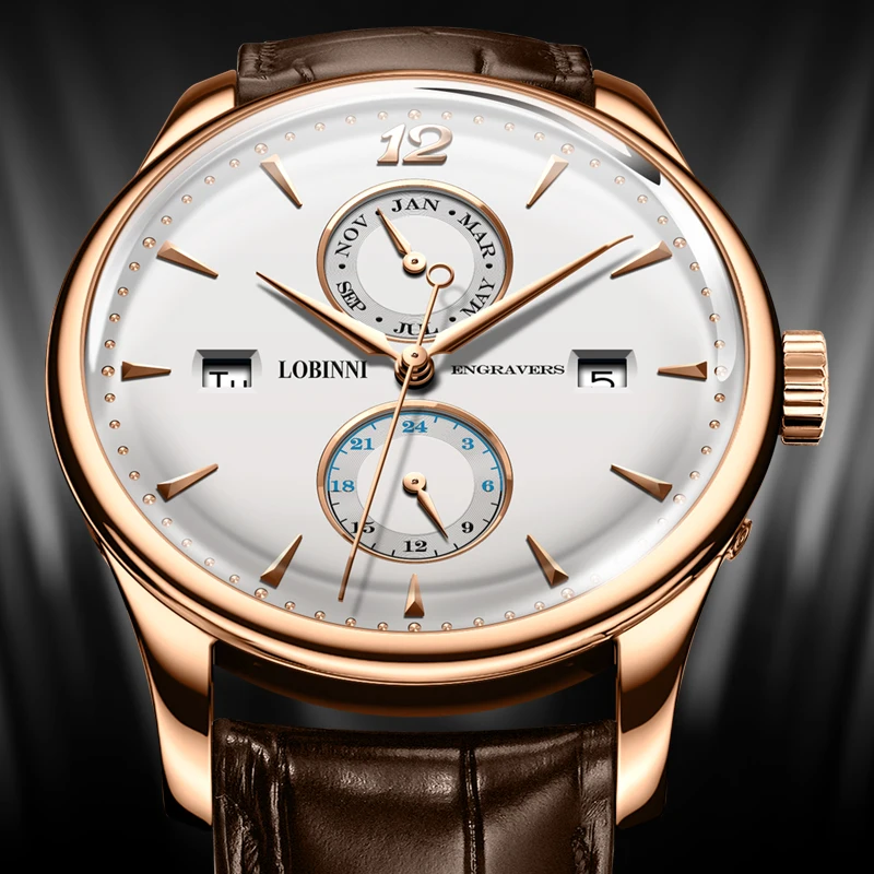 €206.87 49% de DESCUENTO|Nueva marca de lujo Suiza LOBINNI relojes mecánicos automáticos para hombres zafiro 50M resistente al agua Esfera de cuero multifunción L1803 on AliExpress 