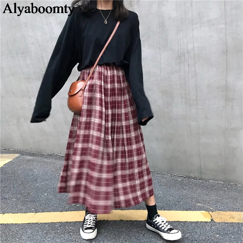 Женская плиссированная длинная юбка в японском стиле Харадзюку с высокой талией в клетку, уличная Saias Longo, осенне-Весенняя винтажная Юбка-миди в консервативном стиле