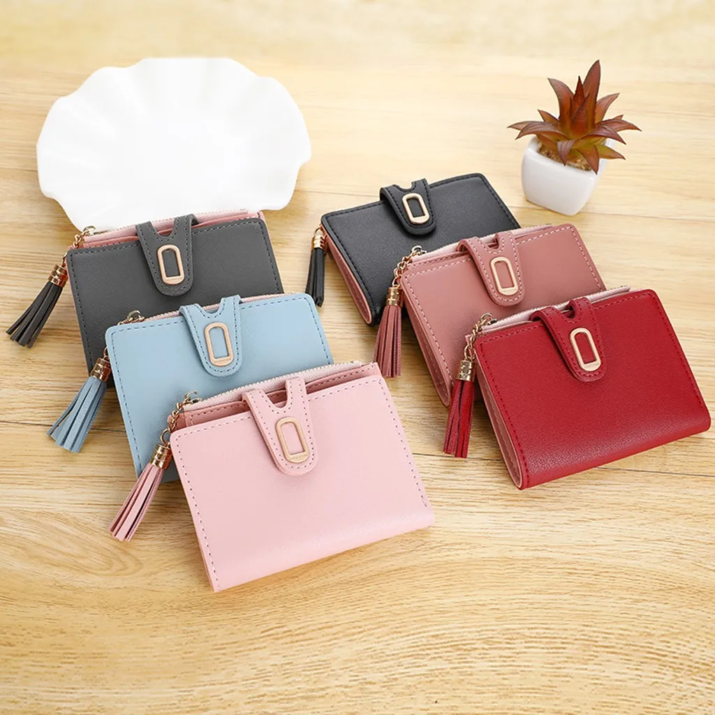 

Womens Wallets and Purses Outdoor Fashion Small Standard Wallets Clips Colors Trend Solid Color Fringed Leather Card Wallet #T