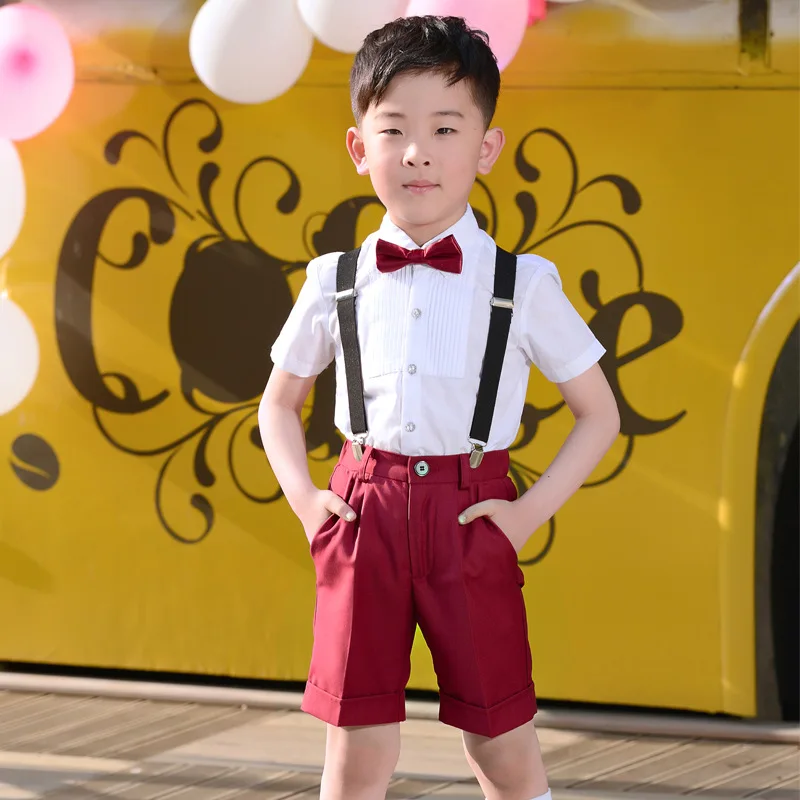 Детская Хлопковая Корейская школьная форма для девочек и мальчиков, белая рубашка красная юбка и шорты, комплект одежды с галстуком Студенческие костюмы, костюм - Цвет: boys set