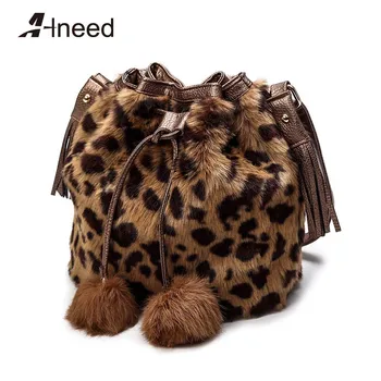 

ALNEED Bucket Bag For Women 2018 Winter Designer Hot Leopard Soft Faux Rabbit Fur Bags Handbag Plush Shoulder Messenger Bags