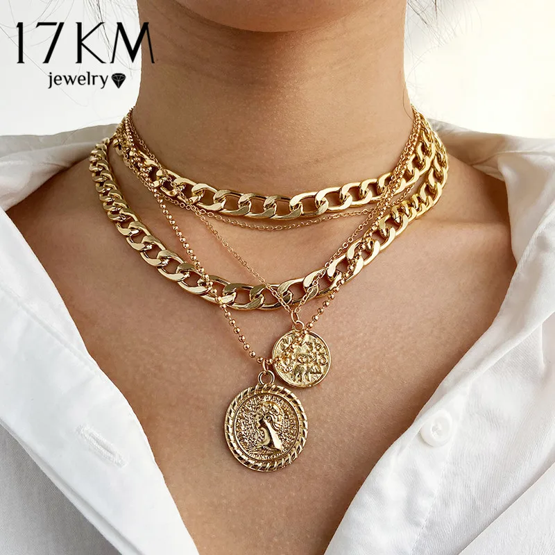 Coin Pendant Necklace Jewelry Thick Chain Multilayered Punk 17KM Cuban Chunky Portrait