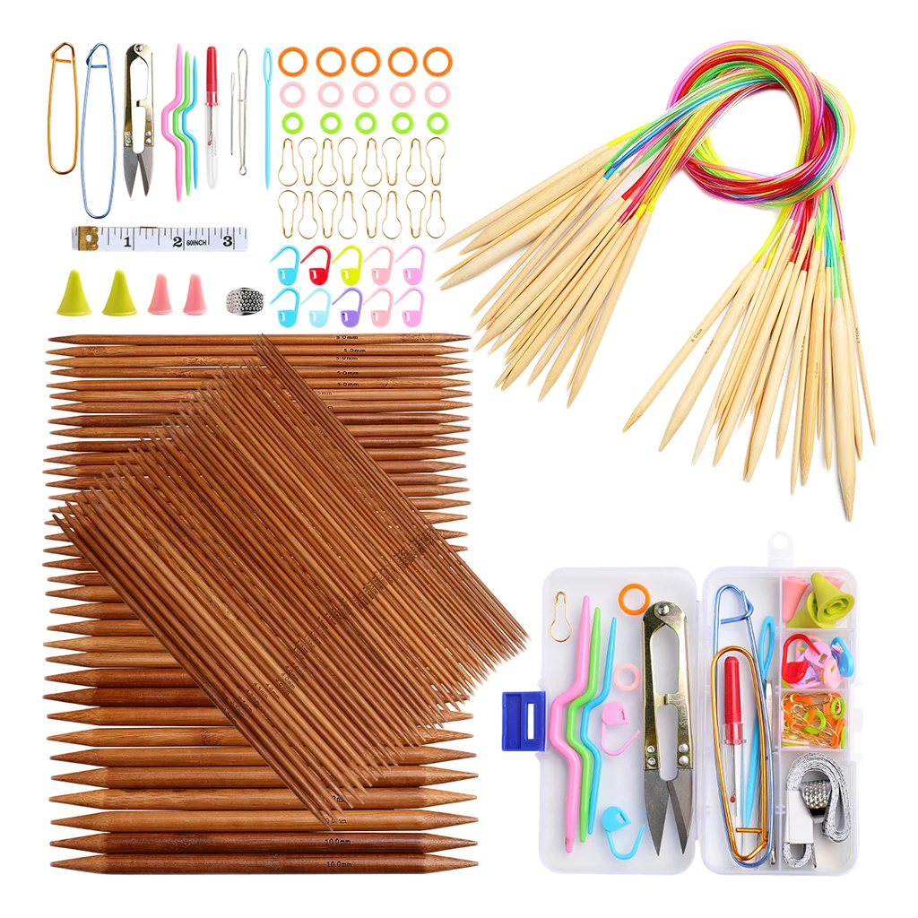 Knitting Needles Set Bamboo Circular Knitting Needles with Colored Tube Double Pointed Bamboo Knitting Needles 2.0 mm-10.0 mm