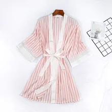 Полосатый халат для сна женский банный халат соблазнительный, атласный, шелковый халат для ванной летний кимоно одежда для сна, Ночнушка с поясом