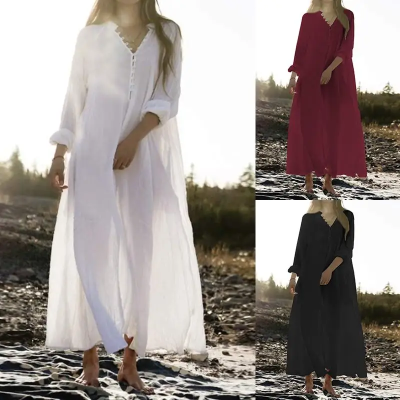 Women Long Shirt Dress Celmia Sexy V neck Long Sleeve Bohemian Party Maxi Dress Casual Buttons Pleated Vestidos Plus Size Robe