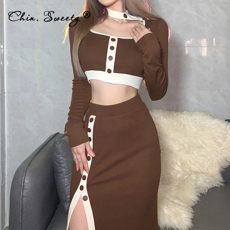 Slim Women's Crop Top Midi Skirt Two Piece Set 2021 Autumn New Long Sleeve O-neck Tee Side Split Skirts Sets Ladies Sexy Suit |