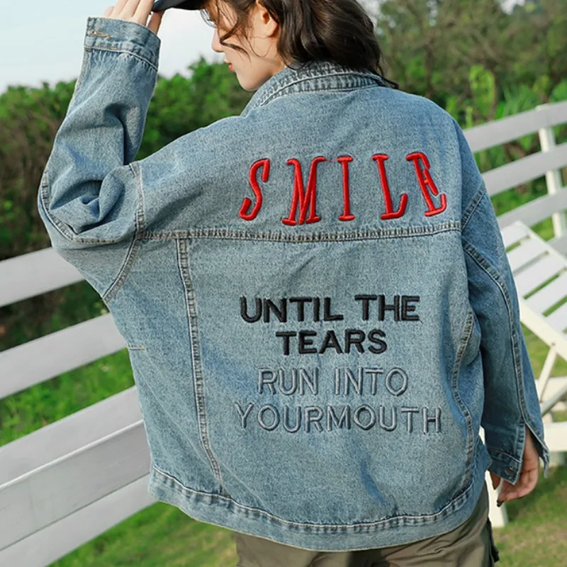 

Female Jacket Letter Embroidery Coat Female Autumn Jacket Women Gray Blue Women's Denim Jacket Casual Vintage Jeans Jacket Women