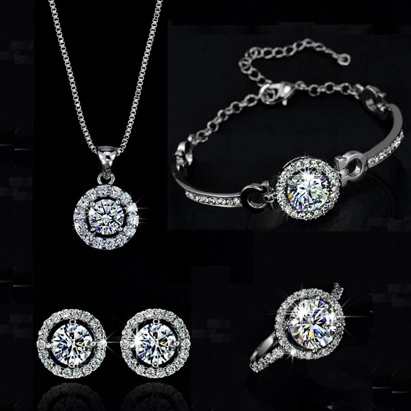 Top Quality Exquisite Crystal Women Wedding Necklace Earring bracelets Ring Zircon Jewelry Set for bride