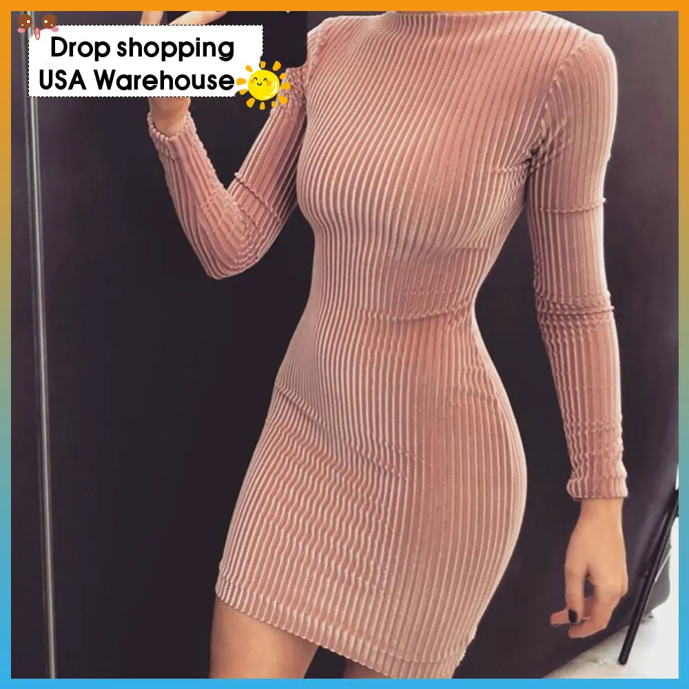 

Women's Shiny Sequined Pink Velvet Long Sleeve Slim Dress ropa mujer talla grande plus size ruched dress turtle neck women