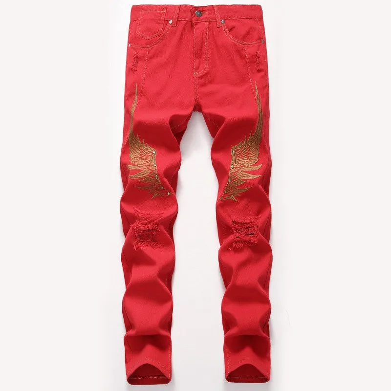 Idopy Марка NEW FASHION Hi Street Рваные джинсы штаны с нашивкой «Крылья» с вышивкой человека уличная рваные джинсовые брюки с вышивкой; большие Размеры 29-42