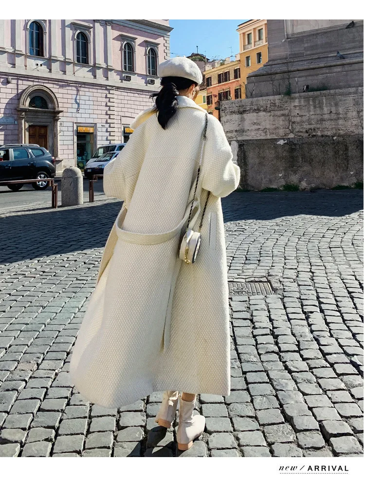 Шикарное женское бежевое шерстяное пальто с мехом кролика Элегантная Модная Длинная Верхняя одежда в клетку классическое женское зимнее шерстяное пальто