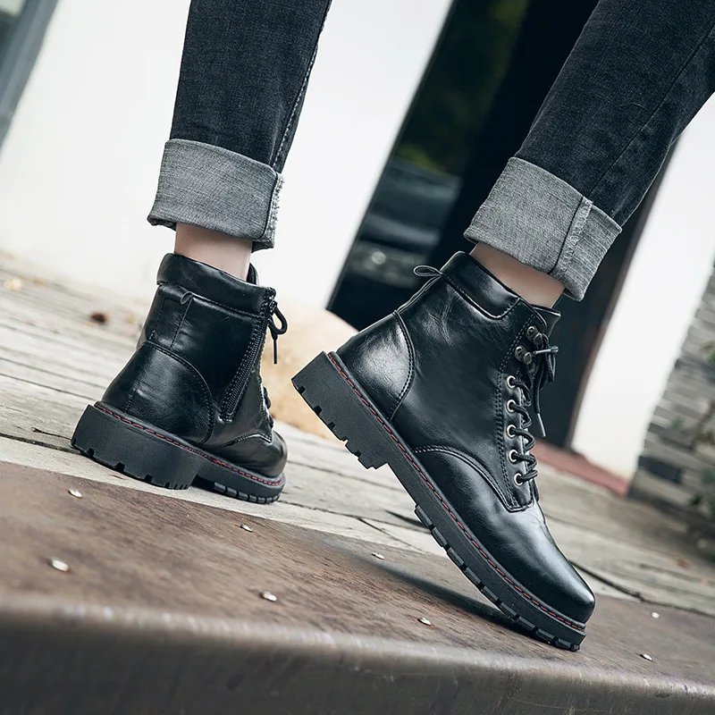 

Classics Fashion Leisure Men Chelsea Boots Ankle Round Toe Lace-Up Vintage Motorcycle Boots Solid Sewing British Style Shoes
