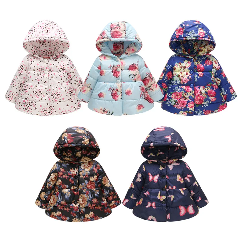 Новая зимняя пуховая куртка для маленьких девочек детская теплая хлопковая одежда с цветочным принтом хлопковая куртка с капюшоном для малышей