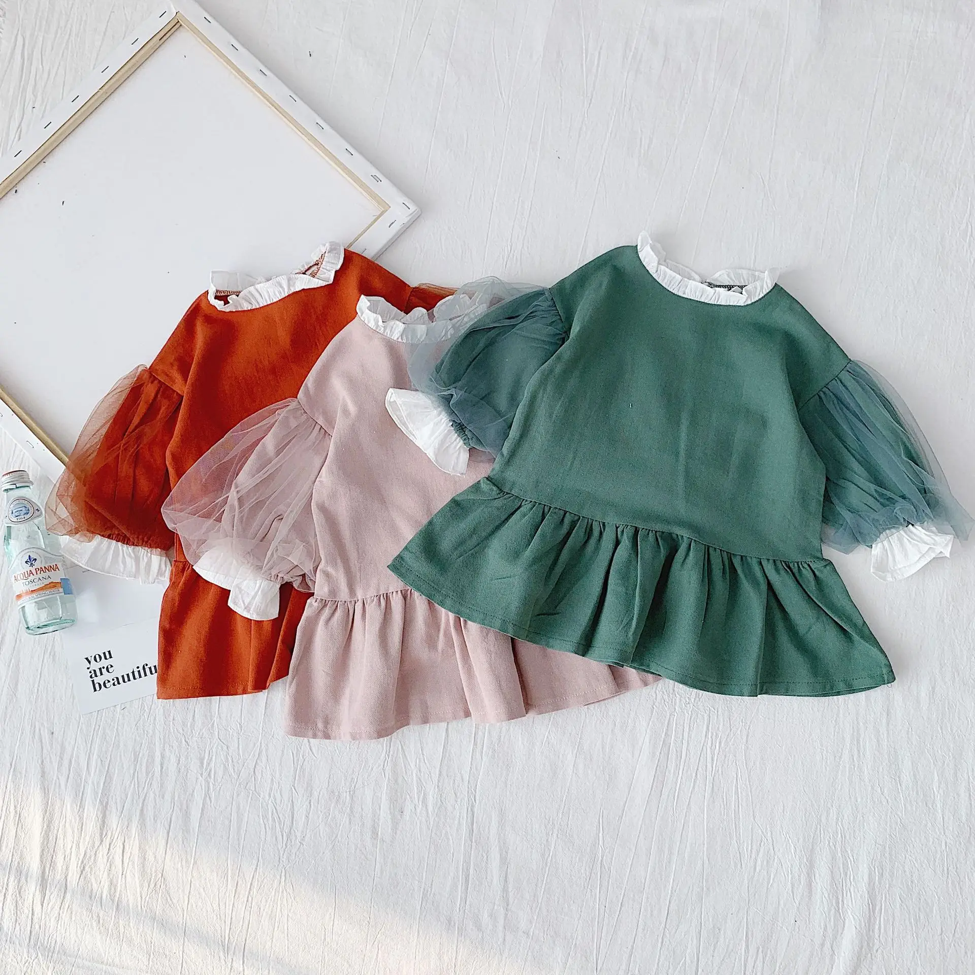 Korean style girls mesh lantern sleeve princess dress Autumn baby girl cotton patchwork cute dresses